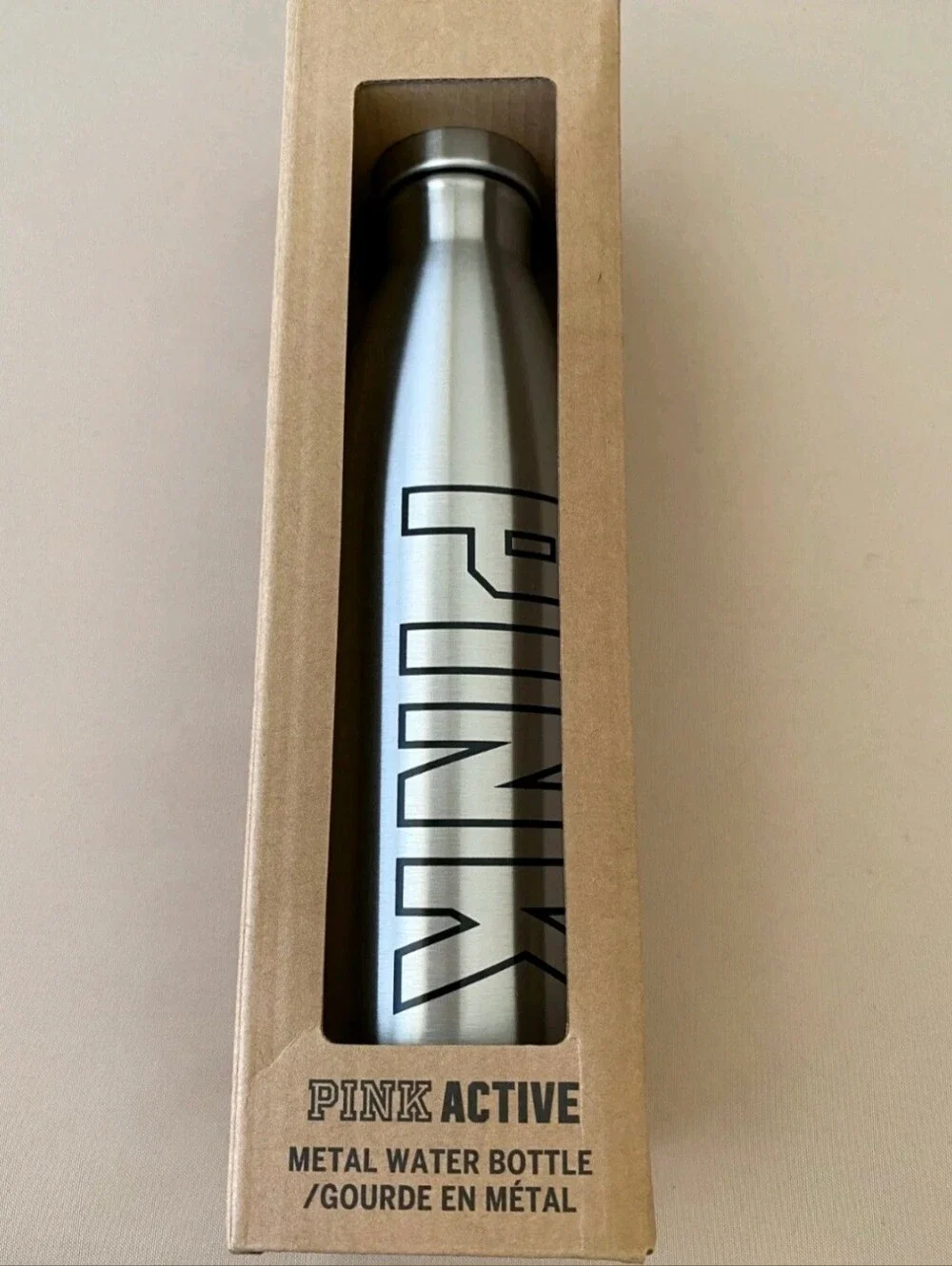 ★NIB★Victoria's Secret PINK LOGO Metal Twist Cap Silver Water Bottle 17 oz